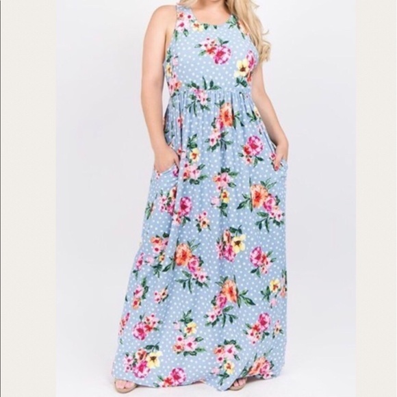 Floral Print Polka Dot Blue Maxi Dress 1X 2X 3X - Picture 3 of 8